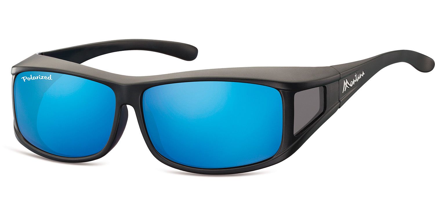 Lunettes de soleil noires avec verres bleus. "Polarized" sur la lentille gauche. "Montana" sur la branche.