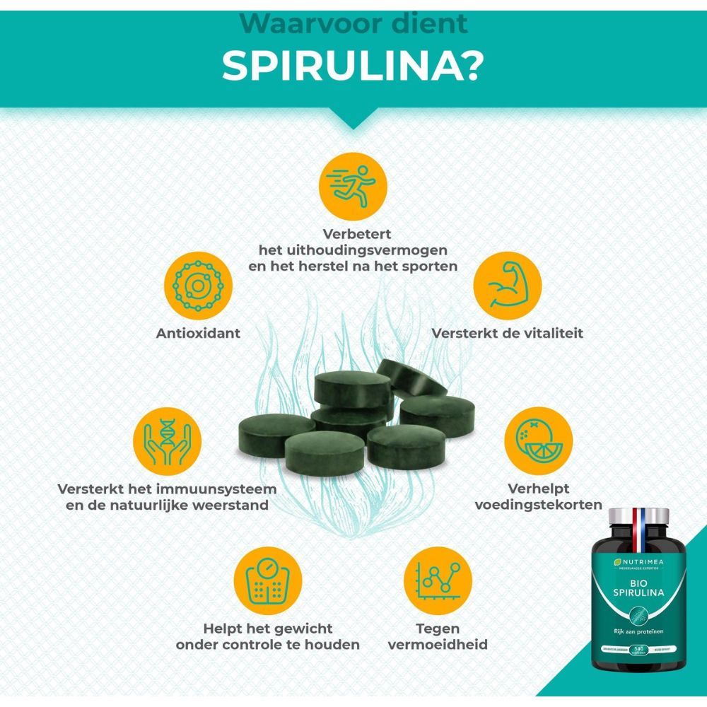 Infographic met groene spirulinatabletten en iconen. Tekst: Waar dient spirulina voor? Voordelen: uithoudingsvermogen, vitaliteit, immuunsysteem.
