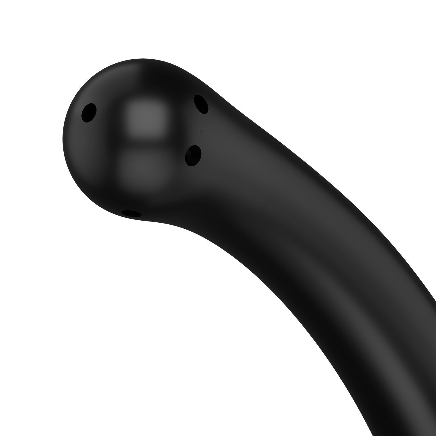 Close-up van de punt van een zwart intiem reinigingsapparaat. De punt heeft meerdere openingen.
