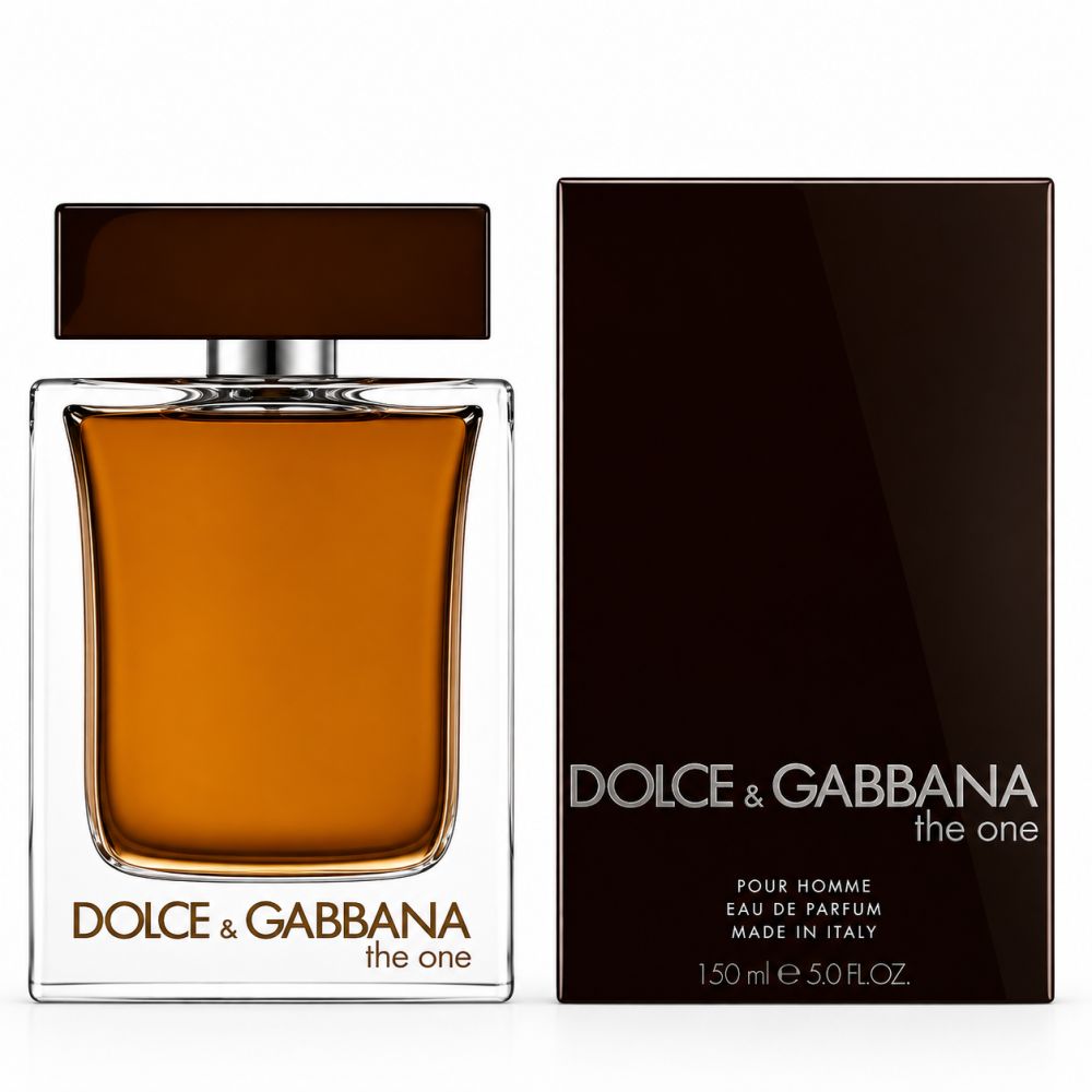 Dolce & Gabbana The One Eau de Parfum fles en doos. Bruine vloeistof in glazen fles met bruine dop. Doos met productinformatie.