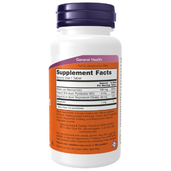 Achterkant van de Now Foods Melatonine 1 mg fles met voedingsfeiten en ingrediënten.