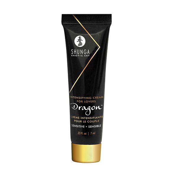 Zwarte tube met gouden dop. "Shunga" en "Intensifying Cream" op de tube.