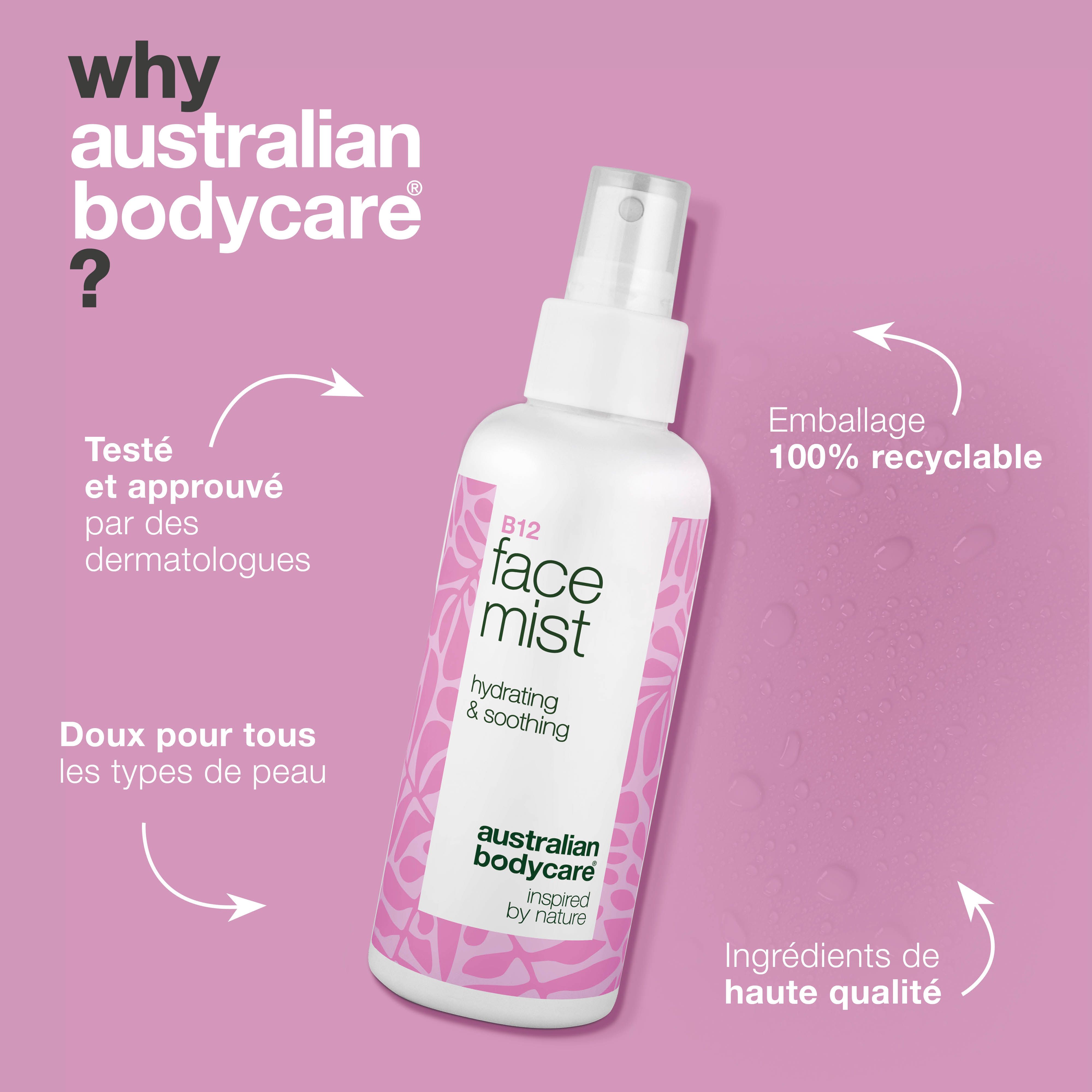 Une bouteille de B12 Face Mist. Texte : Pourquoi Australian Bodycare ? Testé et approuvé par les dermatologues. Emballage 100% recyclable.