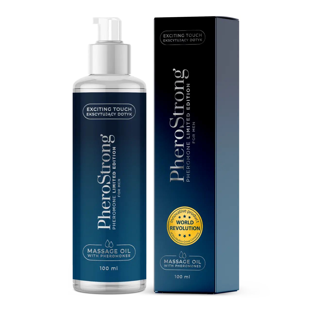 Fles en doos voor PheroStrong massageolie met feromonen voor mannen.