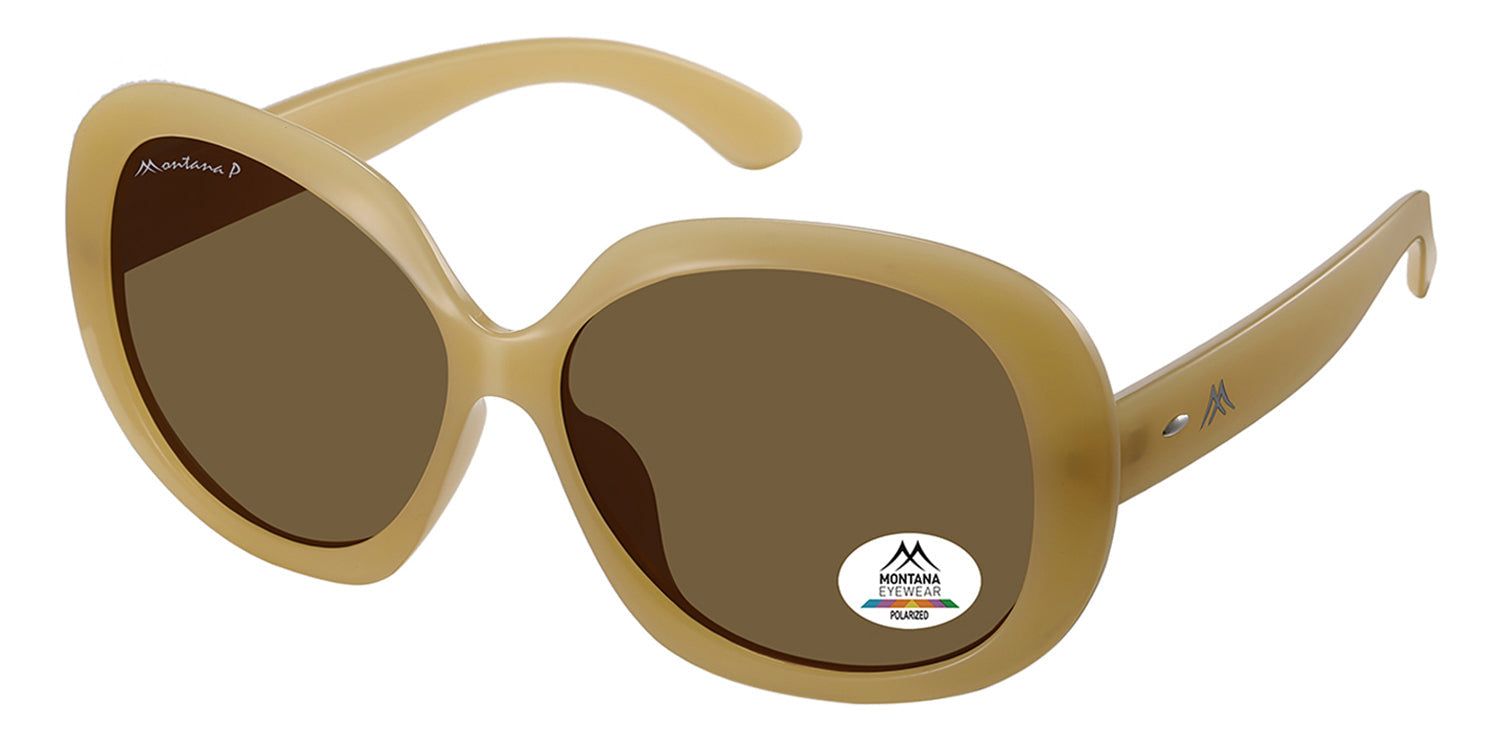 Lunettes de soleil marron et beige. Un autocollant avec le logo Montana Eyewear est visible sur le verre. Le cadre porte l'inscription Montana P.
