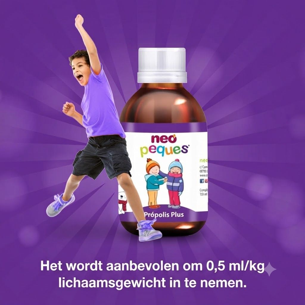 Bruine glazen fles met witte dop, etiket met kinderen en opschrift 'neo peques Própolis Plus'.