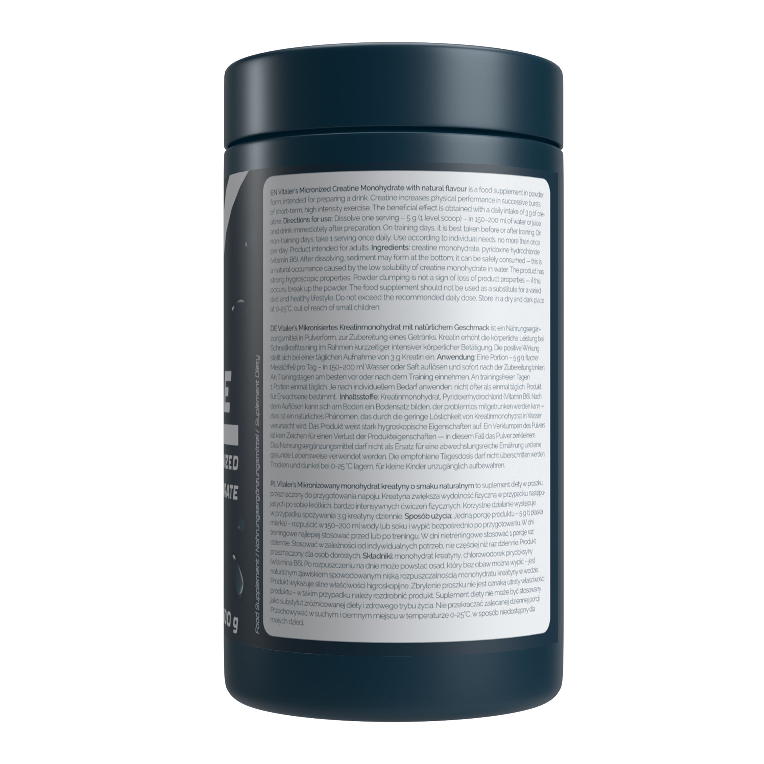 Boîte bleu foncé avec Vitaler's Sport Créatine Monohydrate, saveur naturelle. Contient 500g.