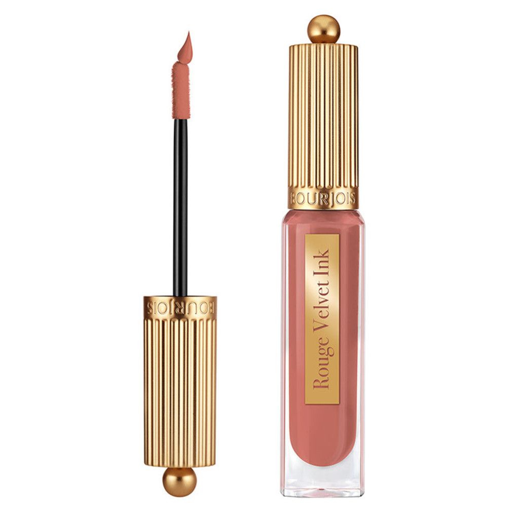 Bourjois Rouge Velvet Ink, teinte 13 Beige Seller. Bouchon doré, flacon transparent, applicateur.