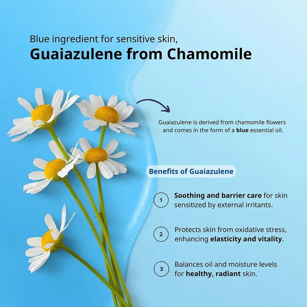 Gros plan sur des fleurs de camomille. Texte: Guaiazulène de camomille. Avantages: apaisement, protection, équilibre huile/hydratation.