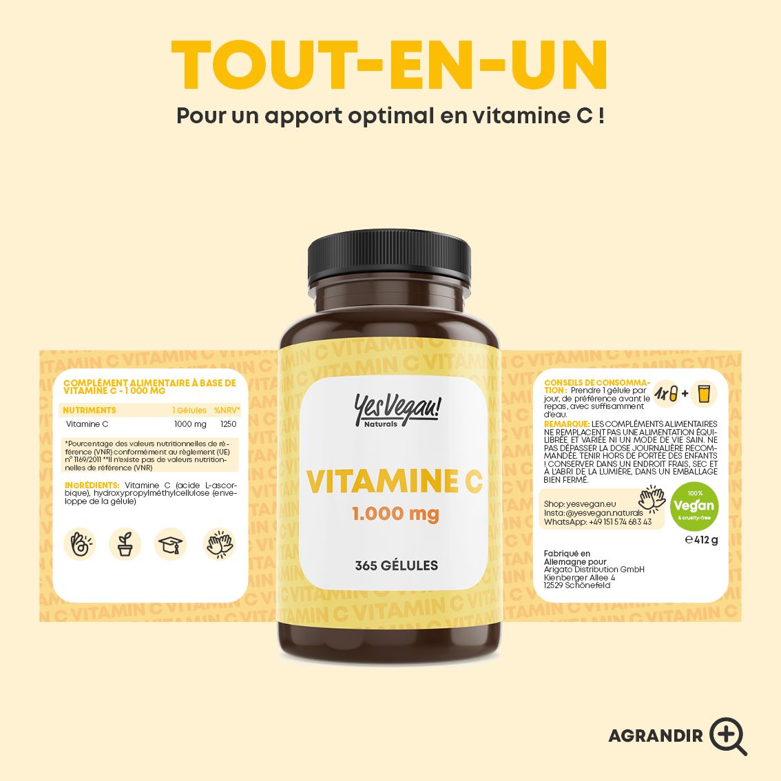Flacon de 365 gélules végétales de Vitamine C, 1000 mg. Approvisionnement annuel.