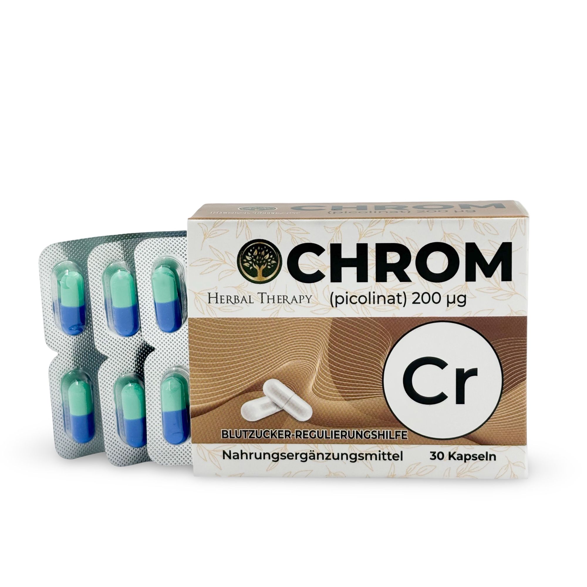 Emballage du produit avec blister. Inscription: CHROM, Herbal Therapy (picolinate) 200 μg. Gélules en blisters.