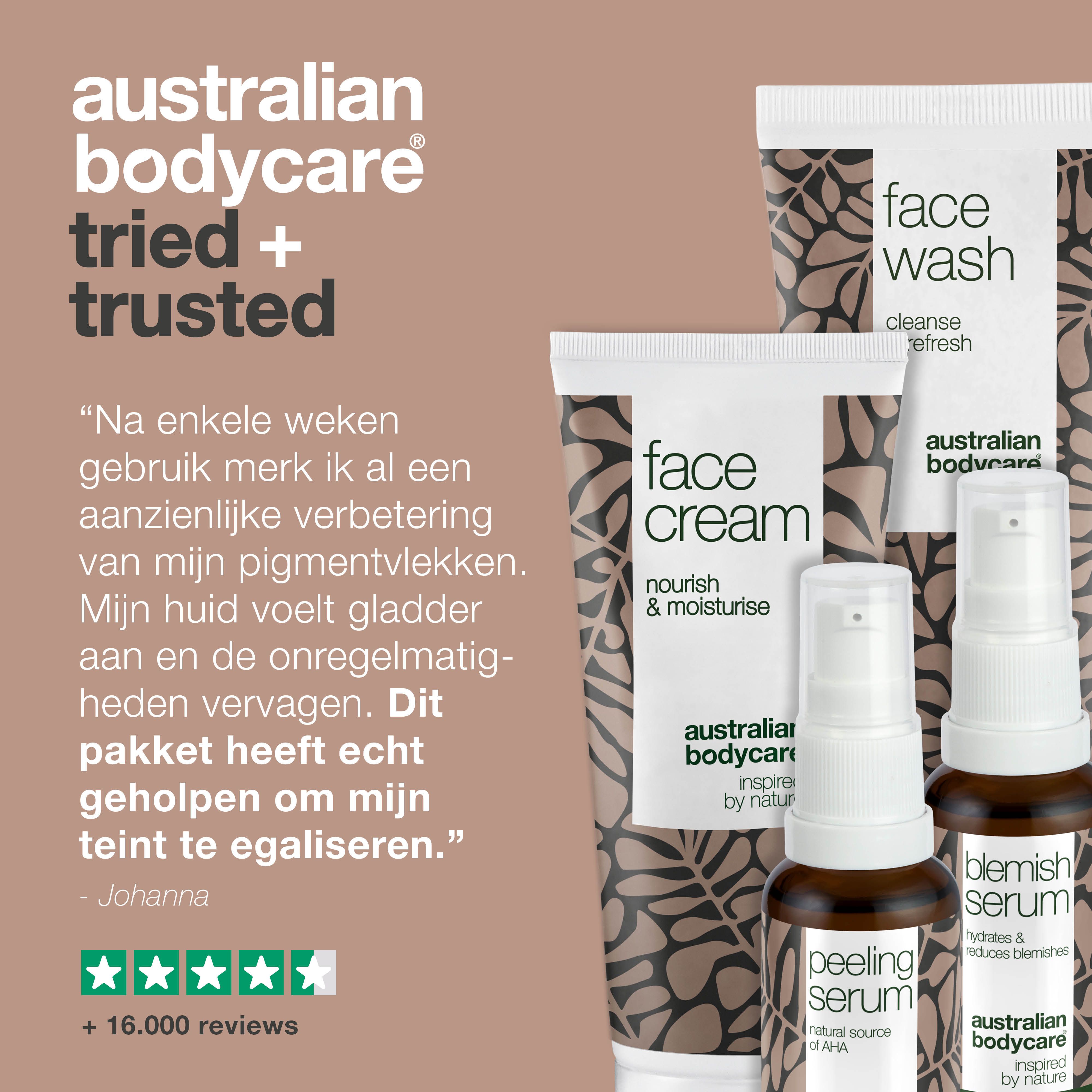 Face Wash, Face Cream, Peeling Serum en Blemish Serum. Tekst: Australian Bodycare. Citaten en sterren.
