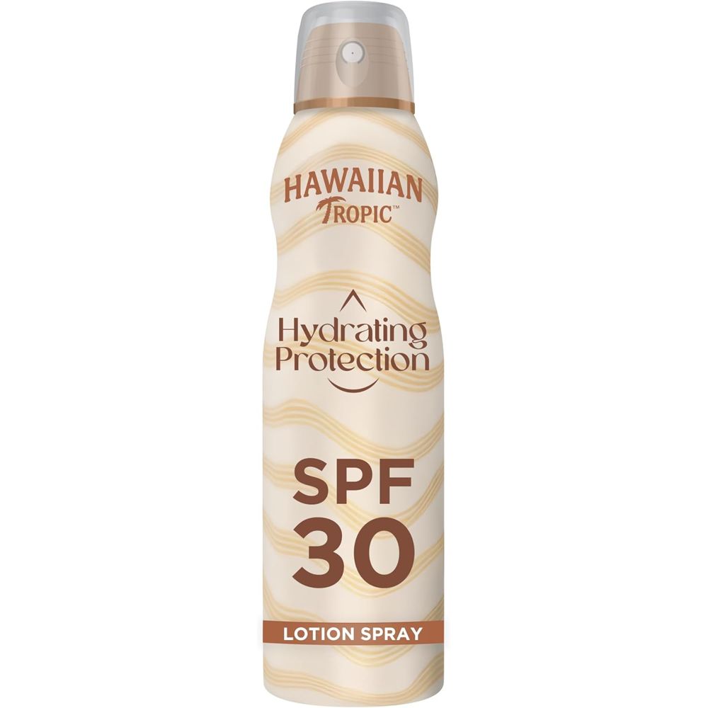 Hawaiian Tropic zonnebrandspray. Hydraterende bescherming, SPF 30. Lotion Spray. Beige en bruine kleuren.
