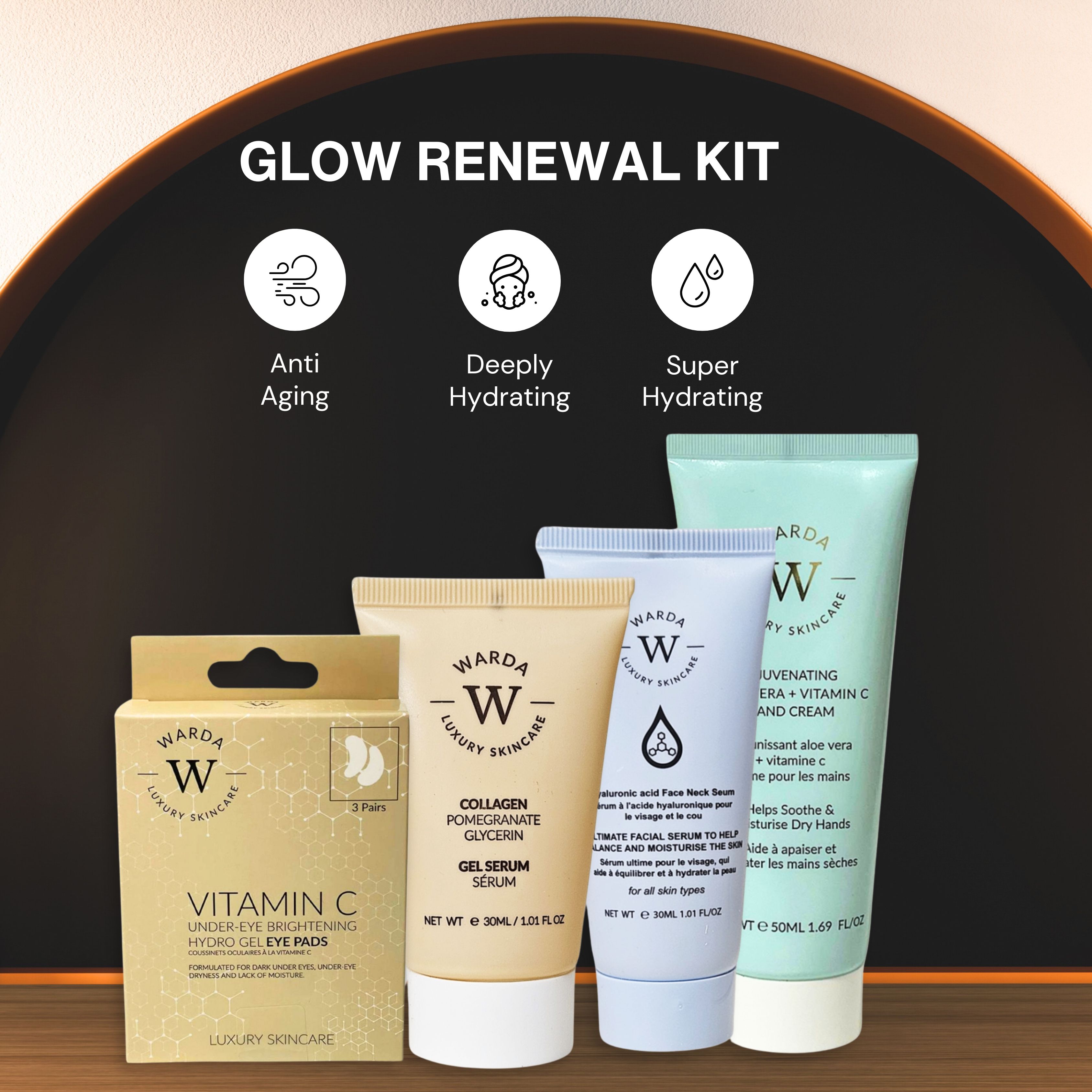 Kit de soins Warda avec patchs pour les yeux, sérum et crème. Fond noir avec icônes et noms de produits.