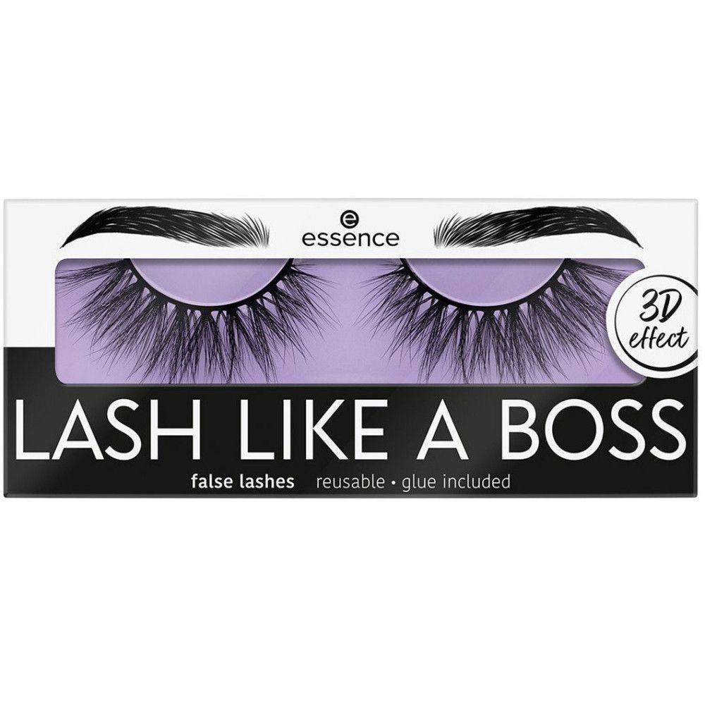 Faux cils Essence Lash Like A Boss en emballage. Cils noirs, fond violet, texte.