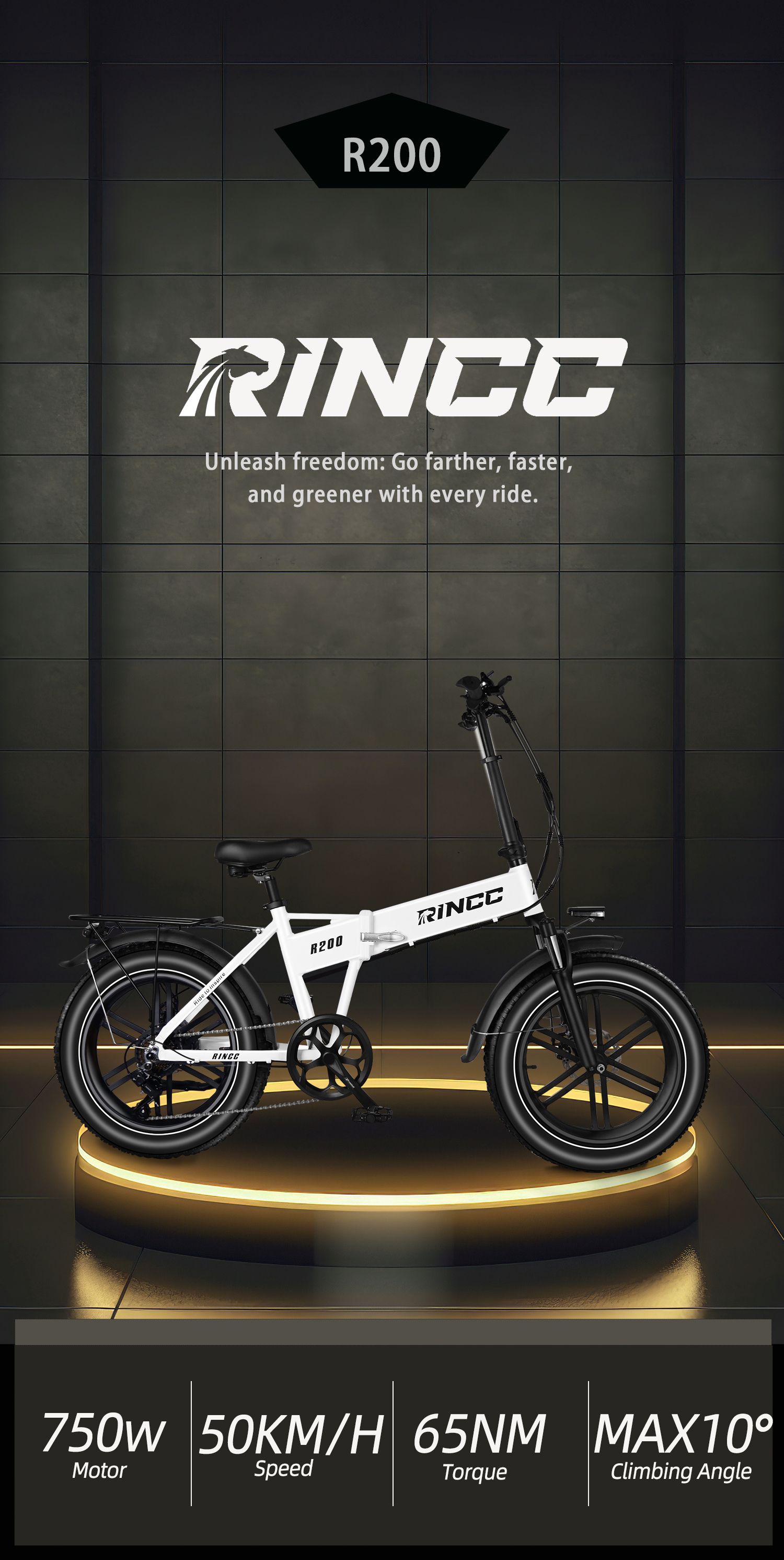 Elektrische fiets Rincc R200, wit, met specificaties: 750W motor, 50KM/H snelheid, 65NM koppel, MAX10° klimhoek.