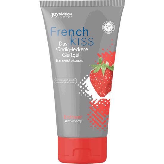 Tube gris, bouchon rouge. Inscription: French Kiss, Erdbeer. Logo: Joydivision.