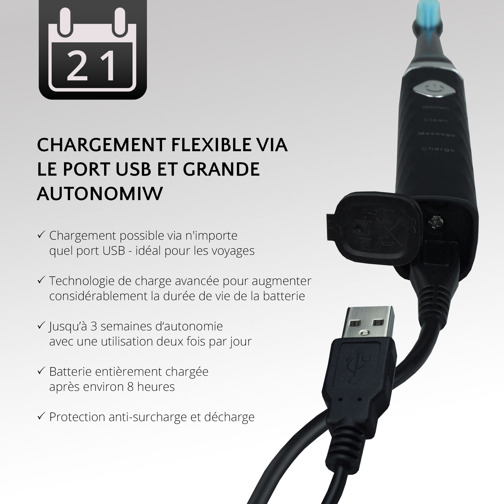 Brosse à dents noire avec port USB. Chargement flexible via USB. Jusqu'à 3 semaines d'autonomie. Câble USB.