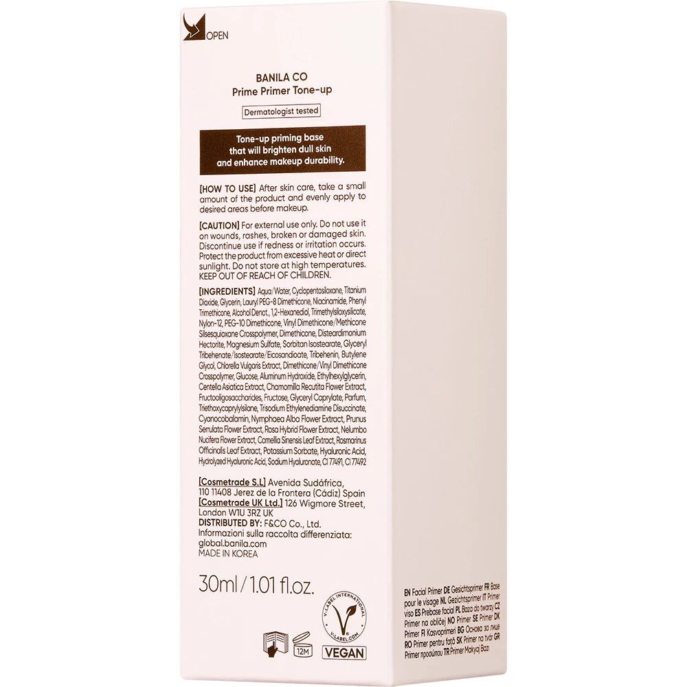 Dos de l'emballage blanc. Texte : BANILA CO Prime Primer Tone-up. Ingrédients, mode d'emploi, informations fabricant.