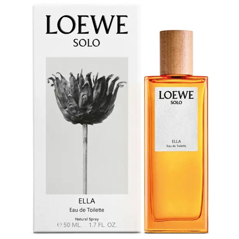 Loewe Solo Ella Eau de Toilette Spray. Fles met houten dop en verpakking. Opschrift: Loewe Solo Ella, bloem.