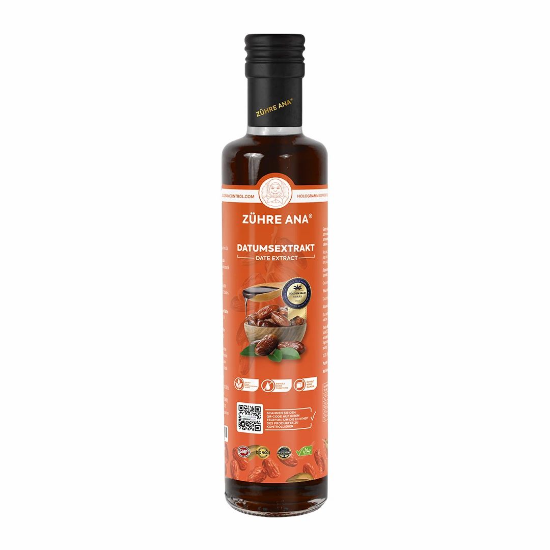 Bouteille d'extrait de datte Zühre Ana avec bouchon à vis noir. Étiquette avec informations produit et image de dattes dans un bocal.