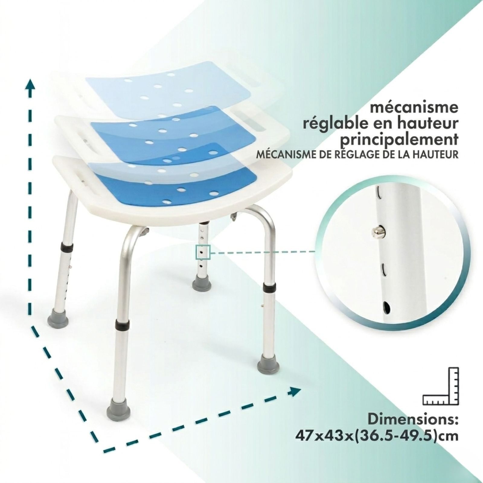 Tabouret de douche réglable en hauteur. Dimensions: 47x43x(36.5-49.5)cm. Logo KARAT visible.