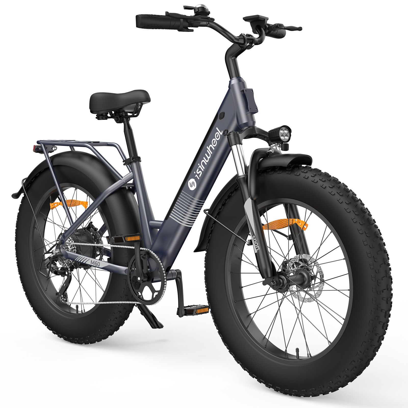 Isinwheel M60 e-bike, blauw, met brede banden, bagagerek en koplamp. Zwarte spatborden en zadel.