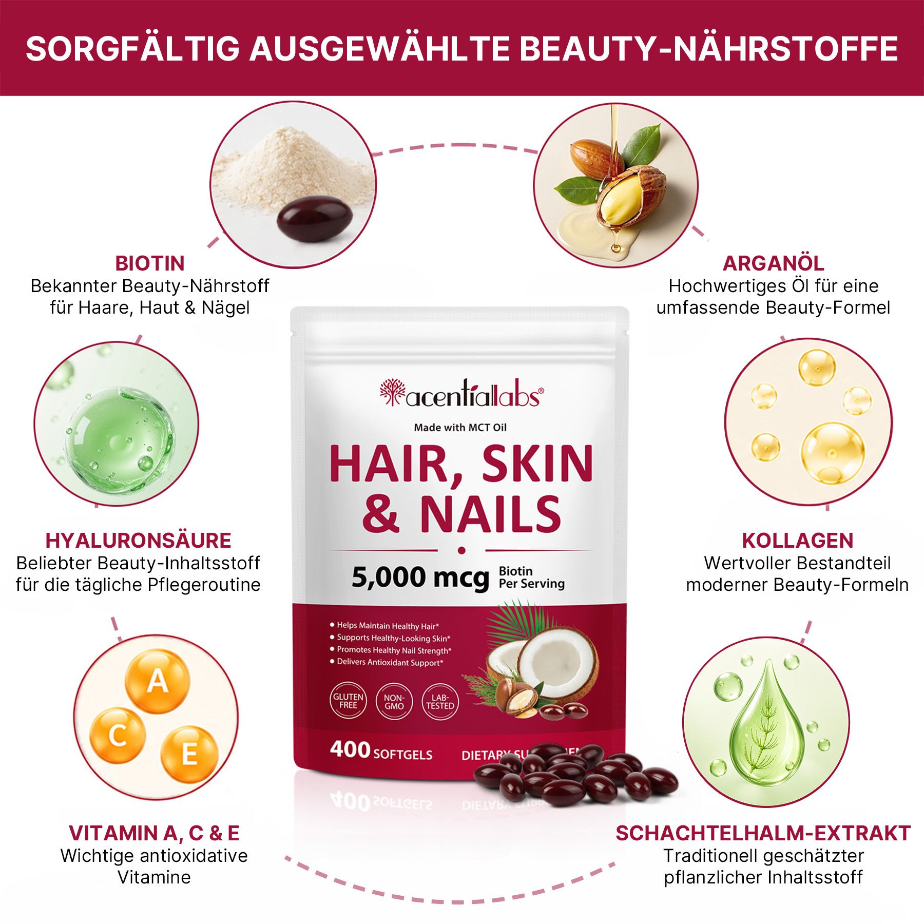 Emballage de complément alimentaire "Hair, Skin & Nails", 5 000 mcg de biotine, 400 gélules. Contient biotine, acide hyaluronique, huile d'argan, collagène, vitamines A, C, E, extrait de prêle.