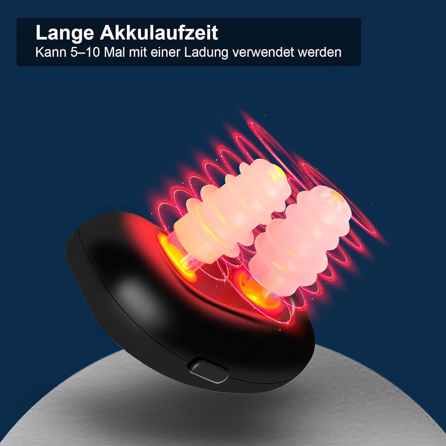 Neusapparaat met rood licht. Tekst: Lange batterijduur. Kan 5-10 keer gebruikt worden met één lading. Rode lichtgolven.