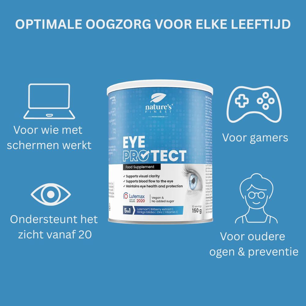 Blauwe achtergrond met productpot. Tekst: Optimale oogzorg voor elke leeftijd. Iconen: Laptop, spelcomputer, oudere persoon, oog.
