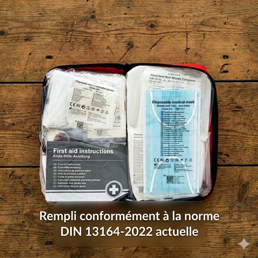 Trousse de premiers secours ouverte avec fournitures. Contient bandages, masque, gants, instructions. DIN 13164-2022.