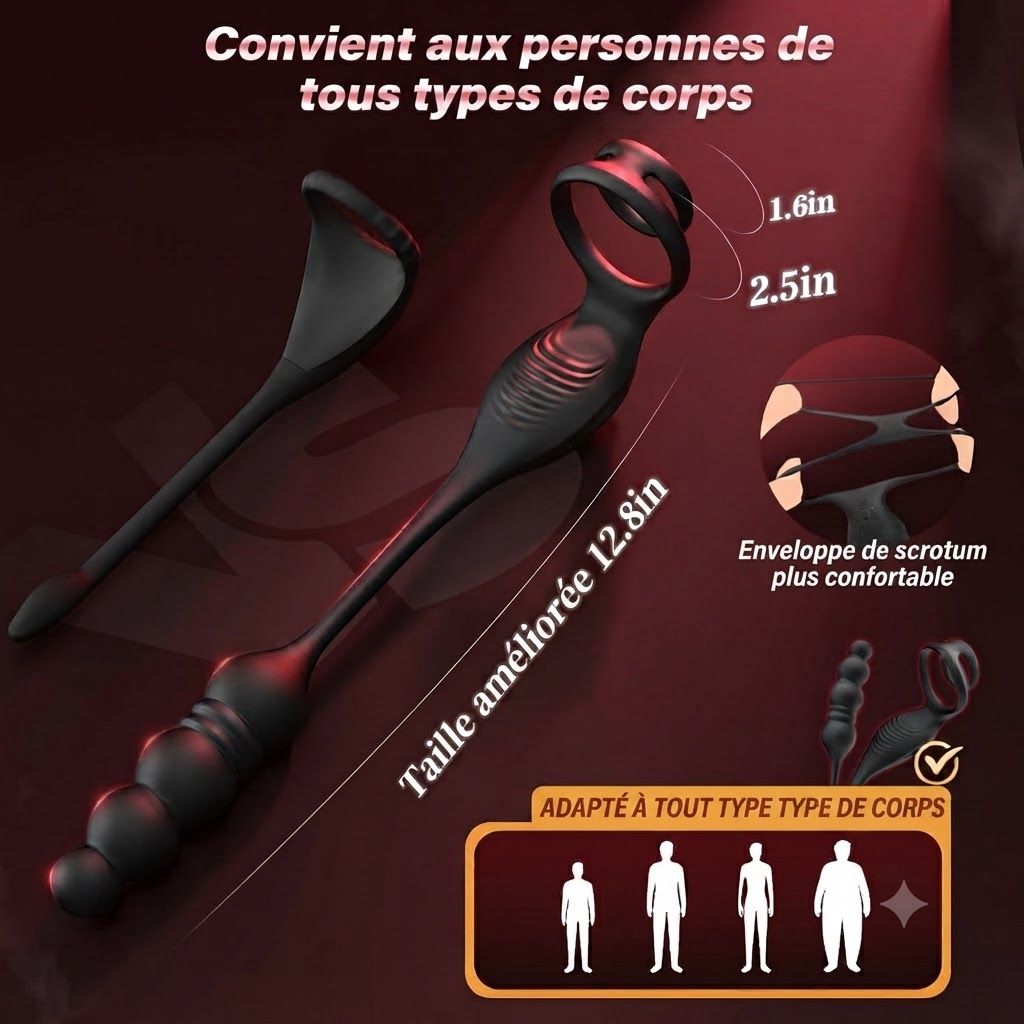 Anneau pénien noir avec manche texturé et manchon en silicone flexible. Dimensions : 12,8 pouces de long, anneaux de 1,6 et 2,5 pouces.