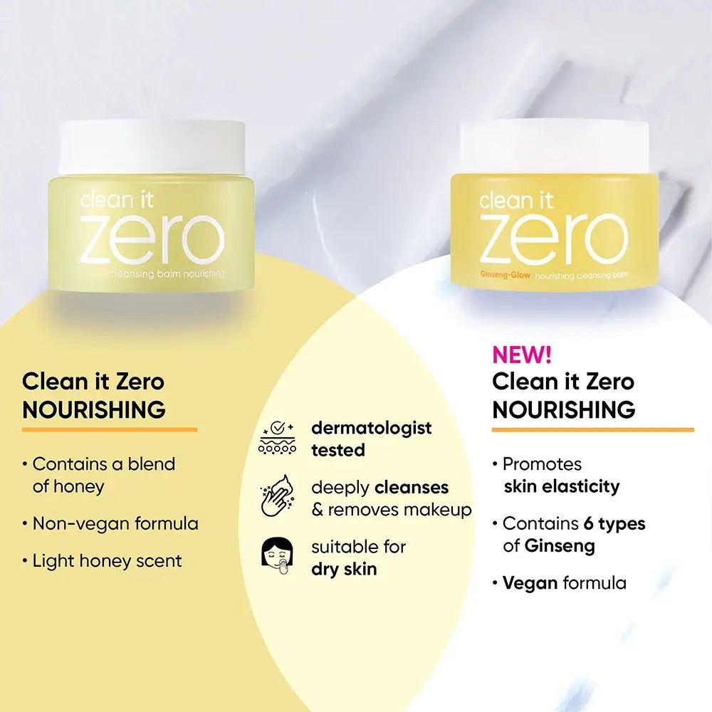 Clean it Zero Nourishing : Contient du miel, formule non végane, léger parfum de miel. Testé dermatologiquement, nettoie et démaquille, pour peau sèche.