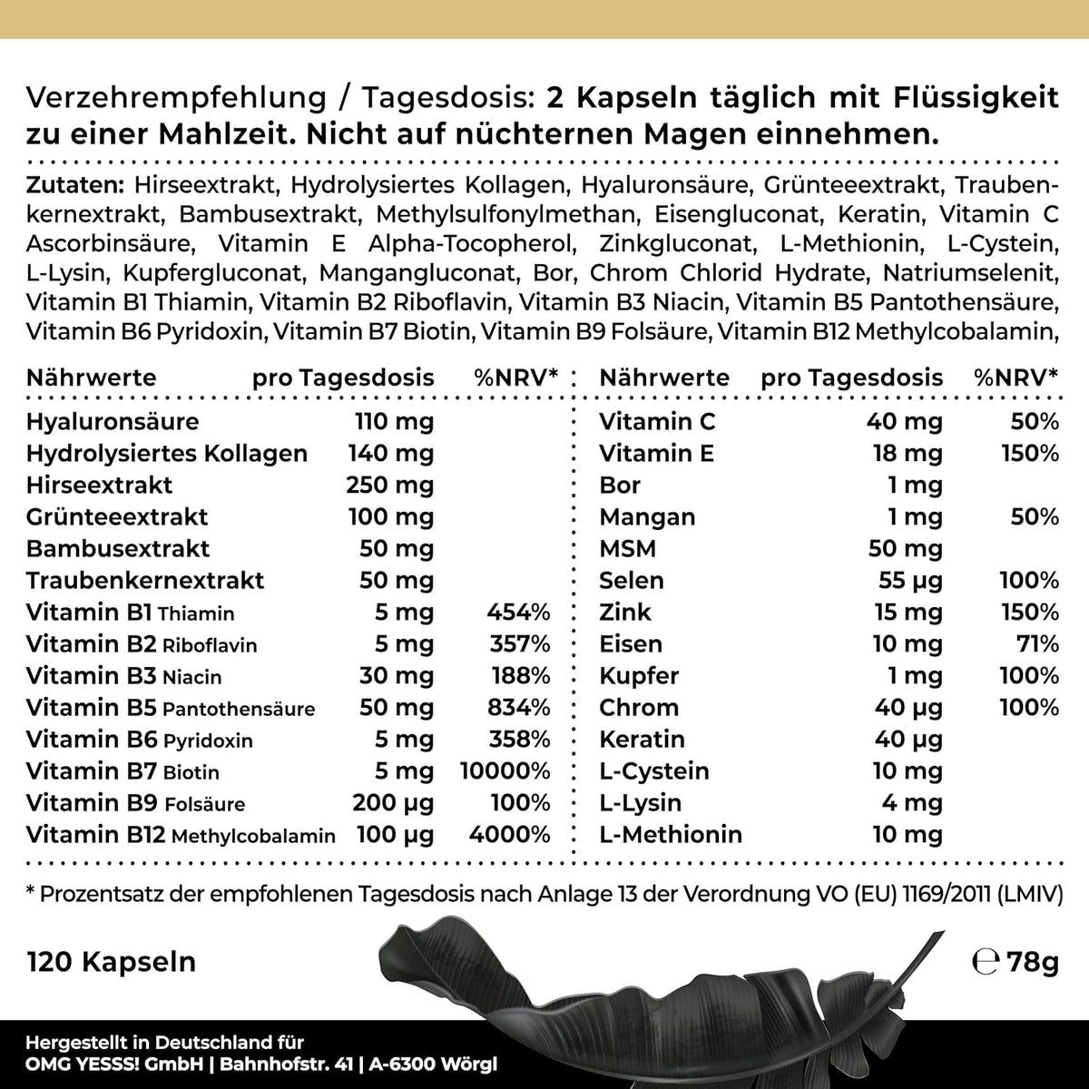 Tekstpagina met voedingswaarde en ingrediënten. 120 capsules. Tekst: 2 capsules per dag met vloeistof bij een maaltijd.