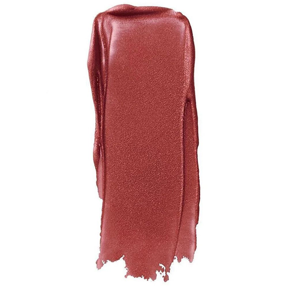 Échantillon de rouge à lèvres Nyx Liquid Suede. Finition métallique, teinte rougeâtre. Texture visible.