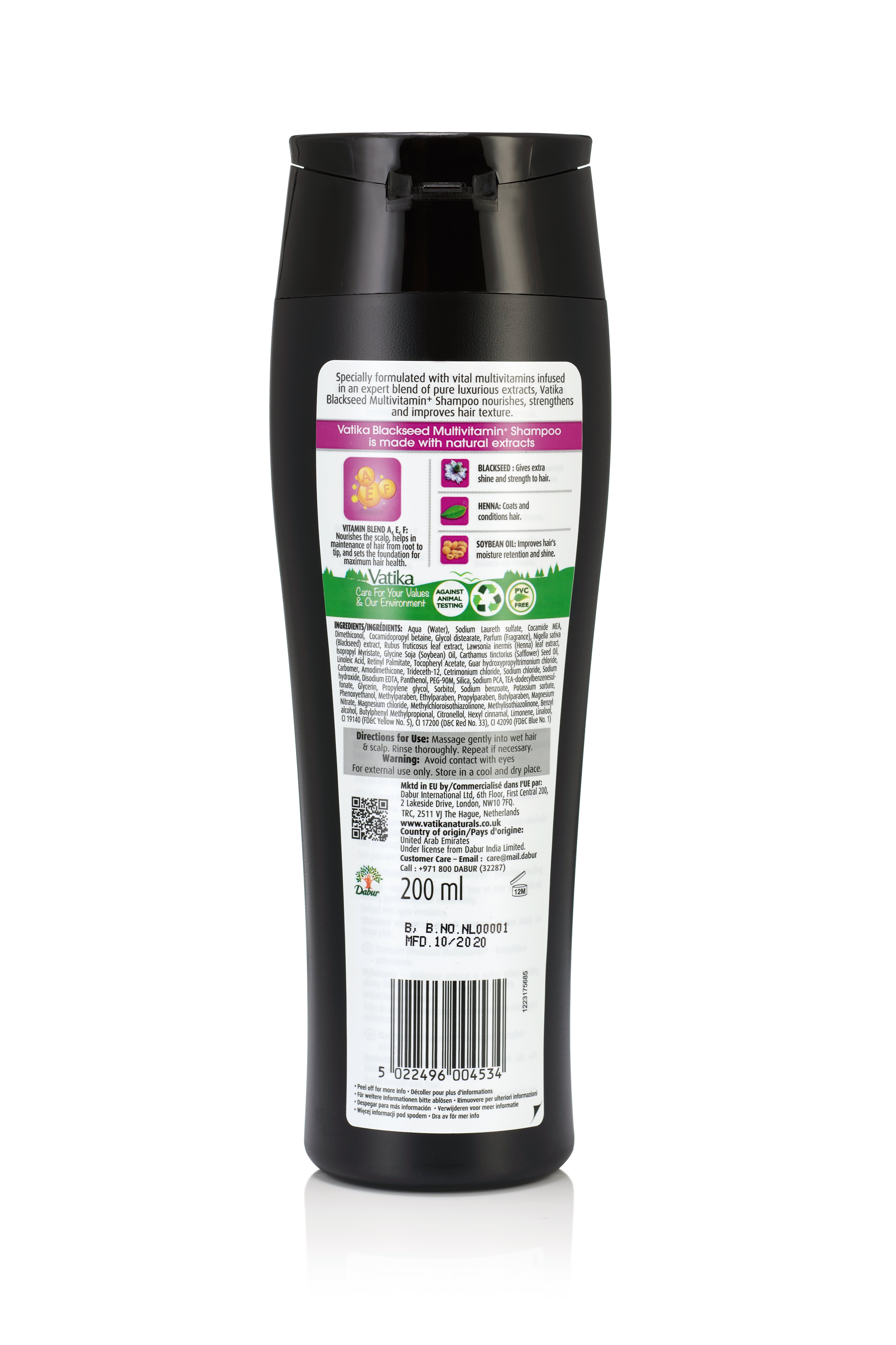 Dos d'un flacon de shampooing noir. Informations textuelles, ingrédients, code QR et symboles de recyclage. 200 ml.