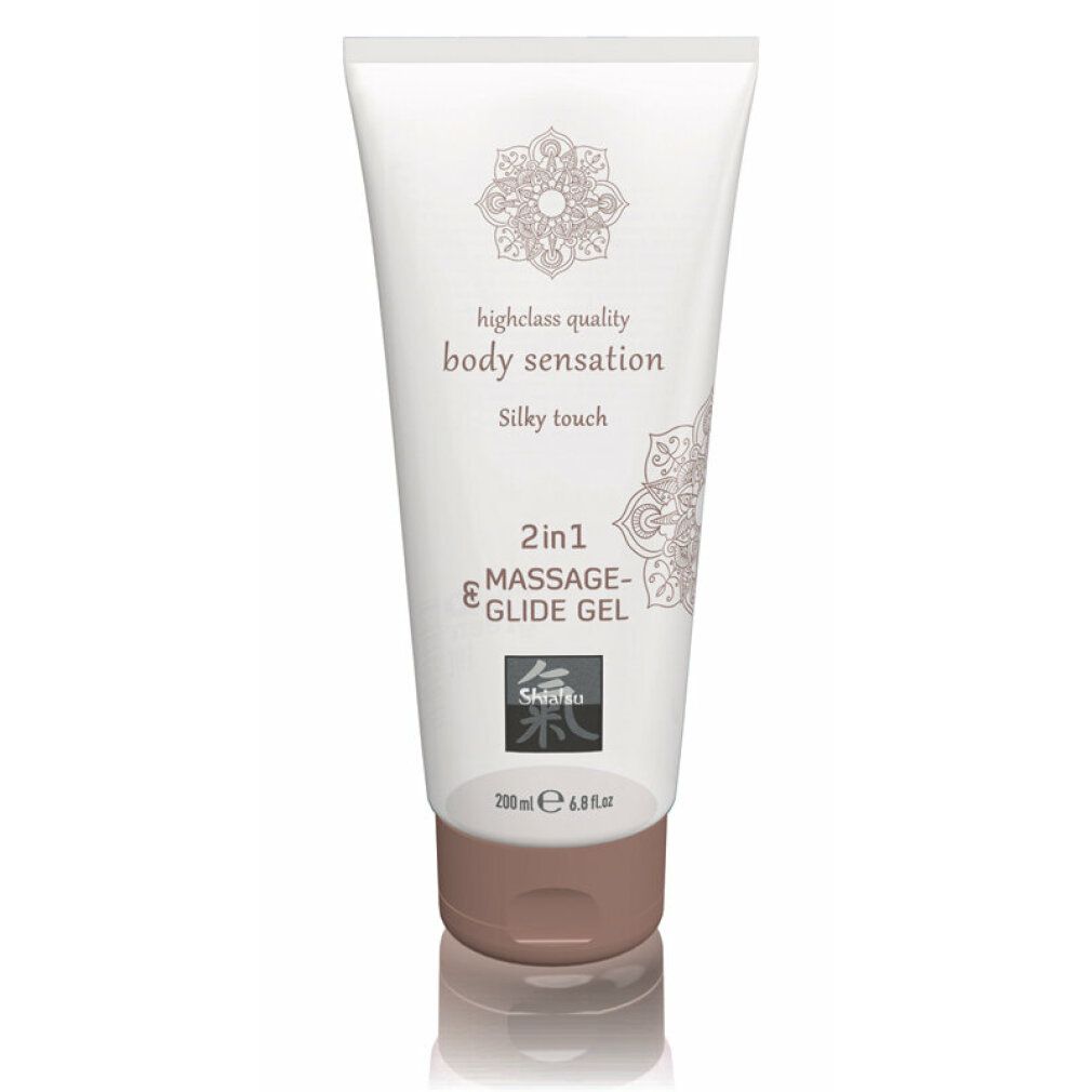 Gel de massage et de glisse 2 en 1, toucher soyeux, tube 200ml avec symbole asiatique.