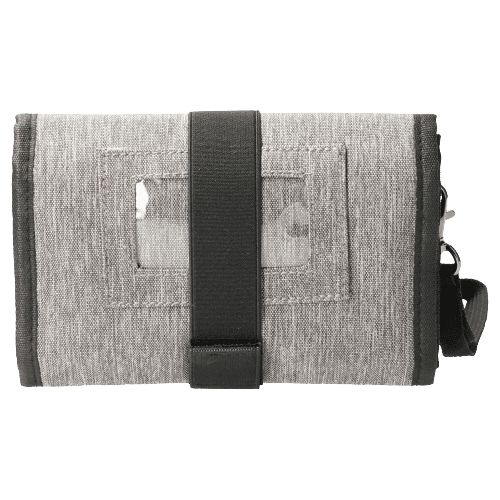 Arrière de l'étui à médicaments gris enroulable avec deux fenêtres transparentes et sangle noire.