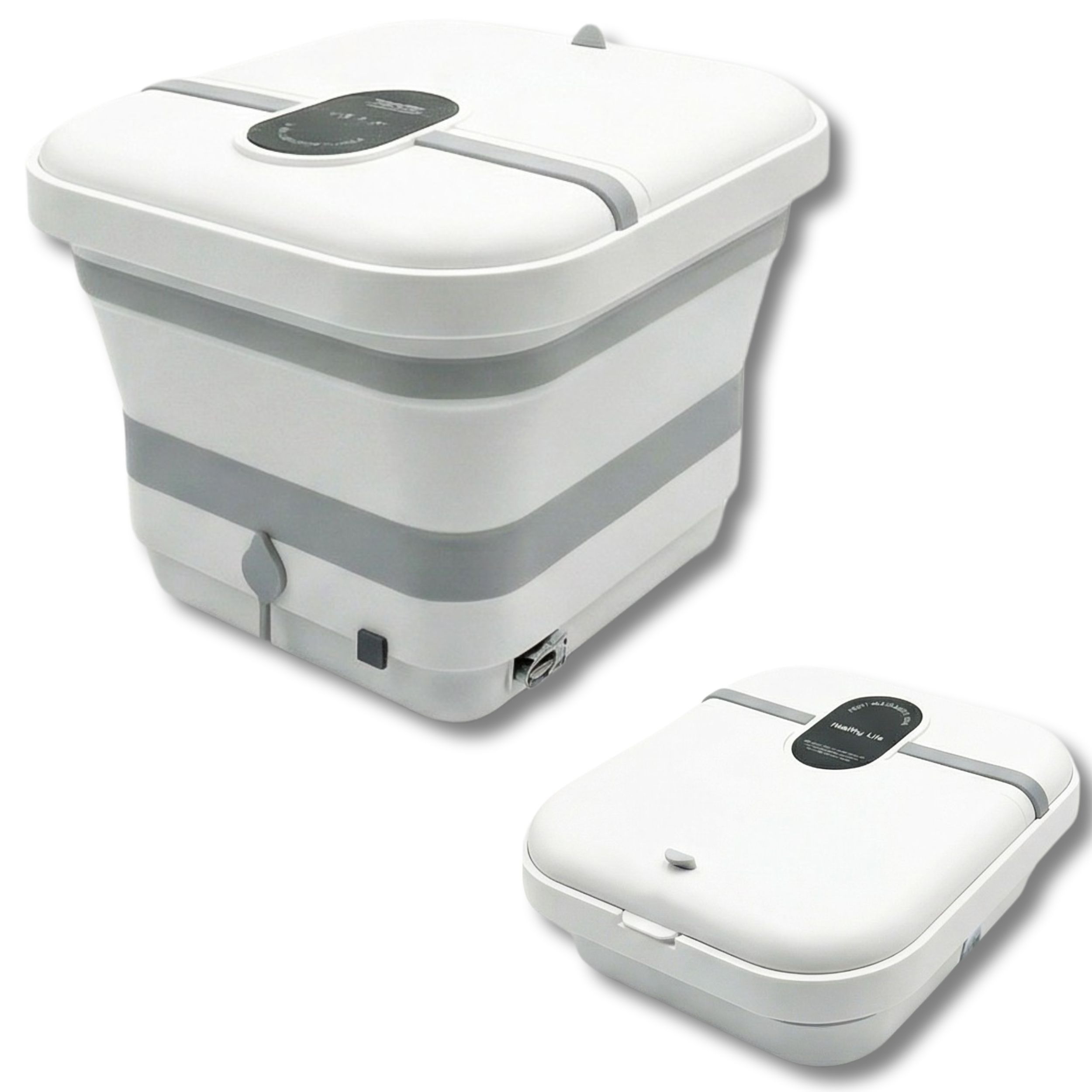 Bain de pieds avec massage et chaleur. Bain de pieds pliable blanc-gris. Panneau de commande avec texte. Deuxième bain de pieds plié.