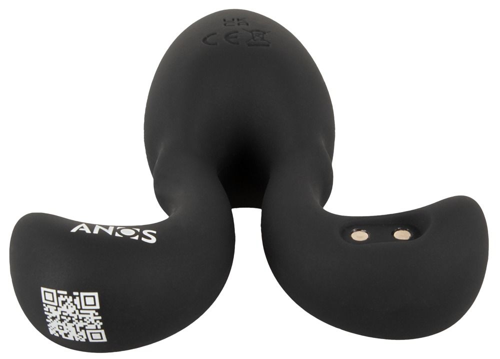 Onderkant van een zwarte anale plug met flexibele armen. Toont merknaam, QR-code en oplaadcontacten.