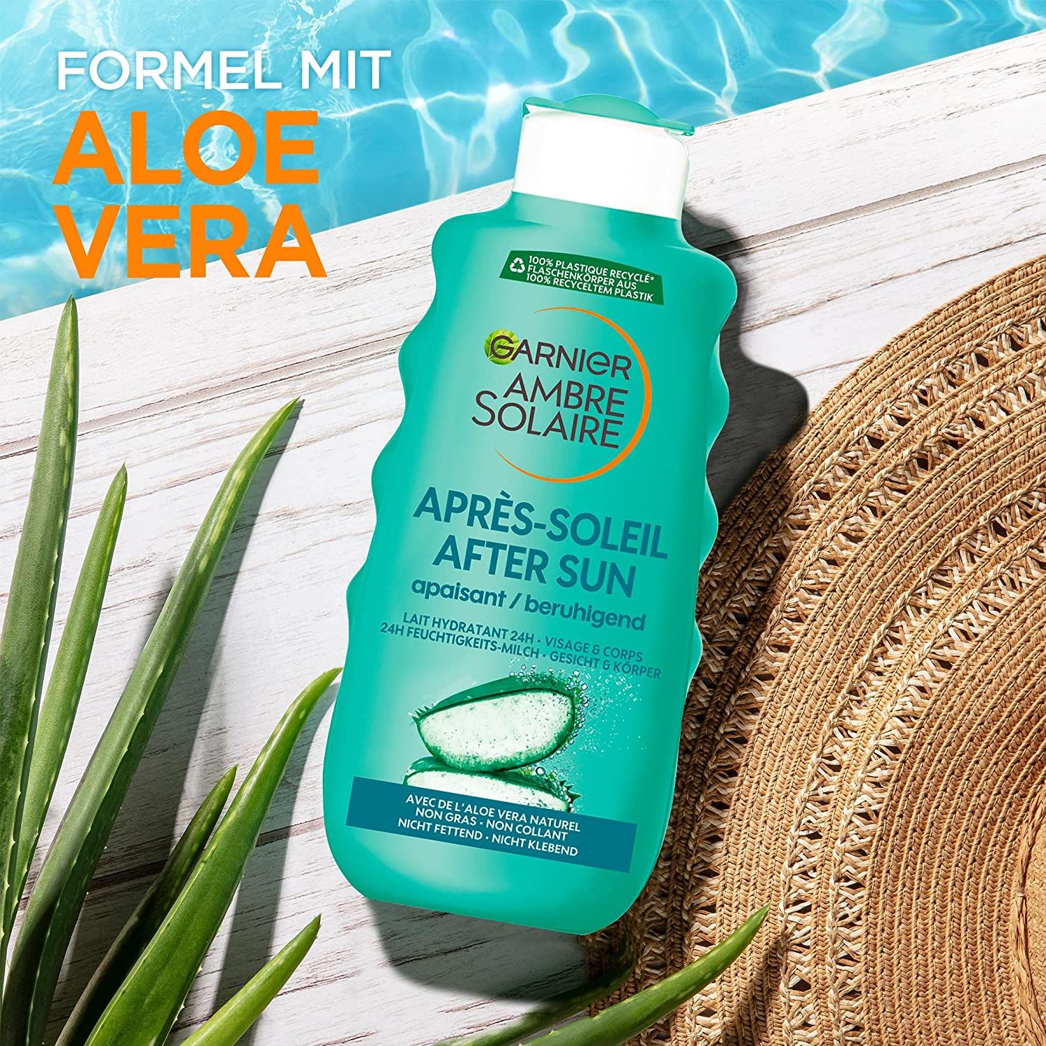 Groene fles Garnier Ambre Solaire Après-Soleil After Sun. Tekst: Aloë Vera, verzachtend, 24u hydratatie, gezicht & lichaam. Met Aloë Vera.