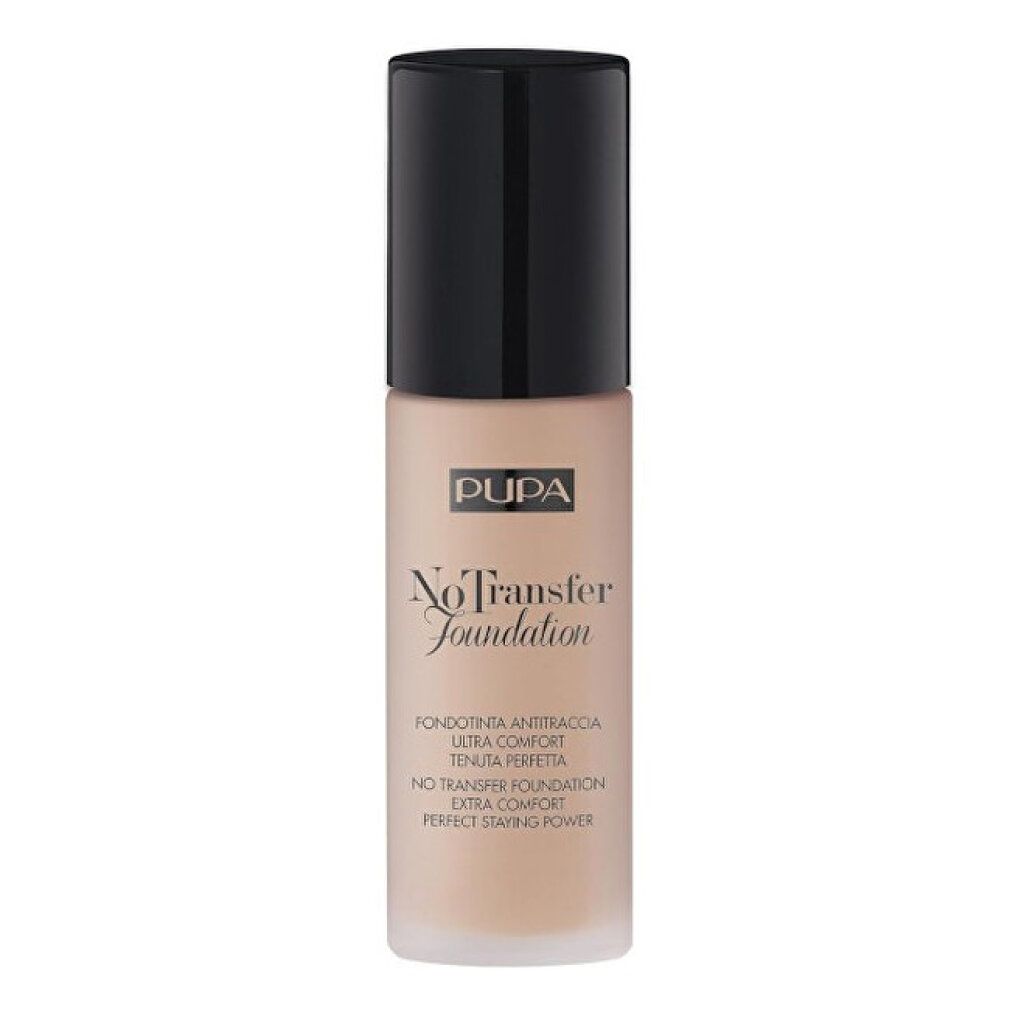 Beige foundationfles met zwarte dop. Merknaam en productaanduiding zichtbaar.