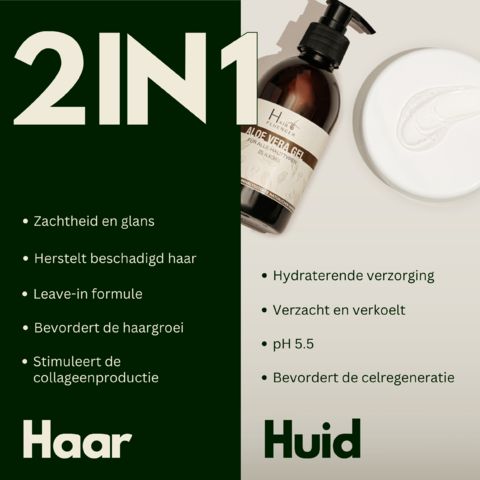 Tekst: 2in1 Haar & Huid. Zachtheid, herstelt, leave-in, bevordert groei, collageen. Hydrateert, verzacht, pH5.5.