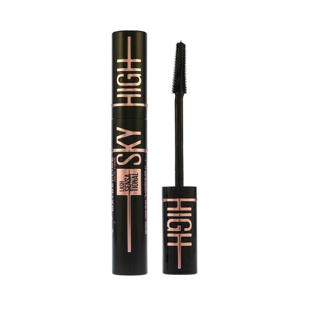 Mascara Maybelline Sky High noir, couché, avec brosse rose.