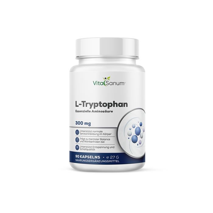 Flacon blanc VitaSanum L-Tryptophane. Inscription : 300 mg, 90 gélules. Étiquette bleue et blanche avec informations.