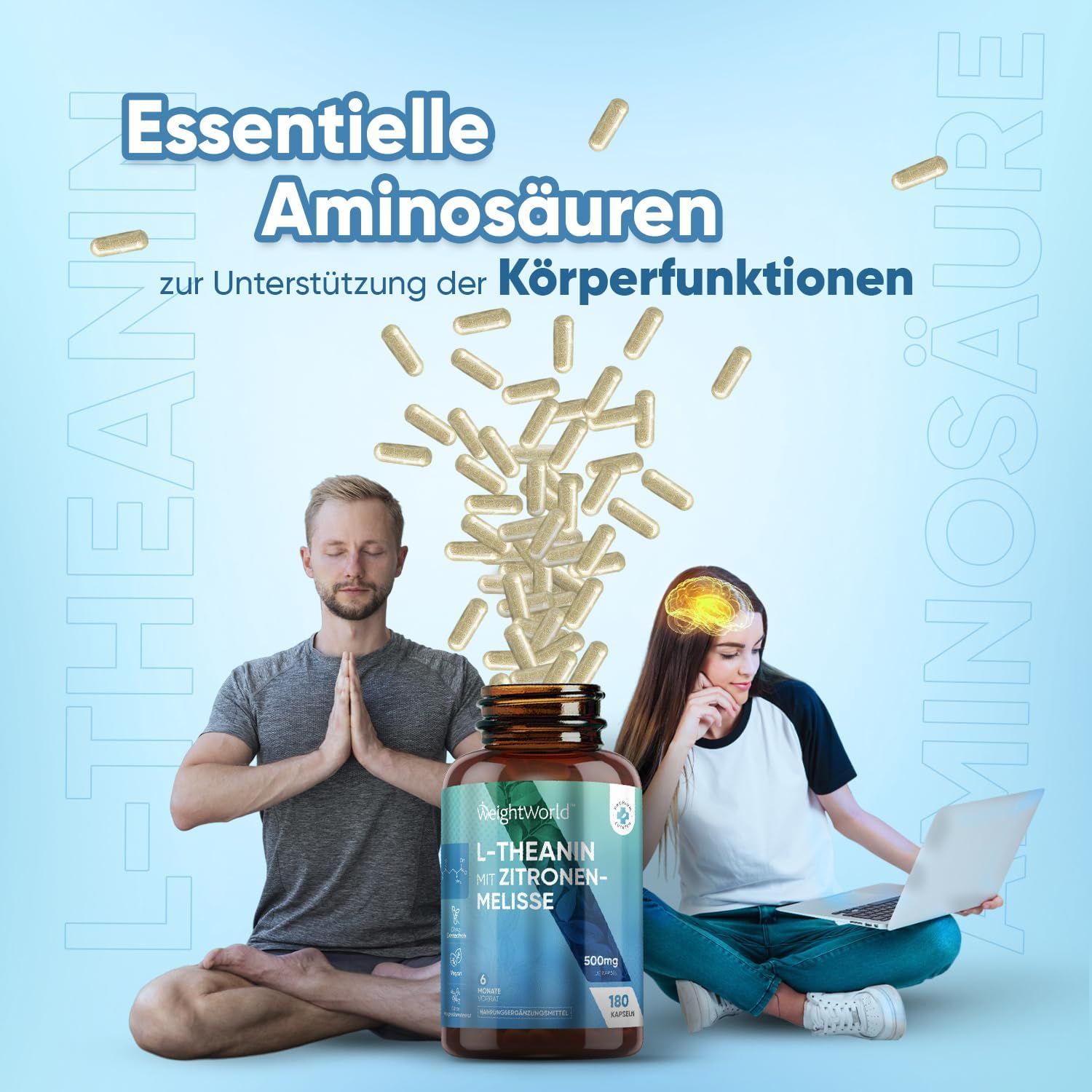 Des personnes méditent et travaillent sur un ordinateur portable. Une bouteille de L-Théanine avec Mélisse et des gélules flottent.