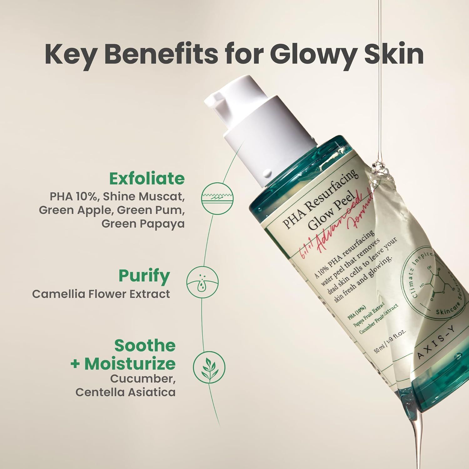 Productfles met tekst: Key Benefits for Glowy Skin. Ingrediënten: PHA 10%, Shine Muscat, Green Apple, etc.