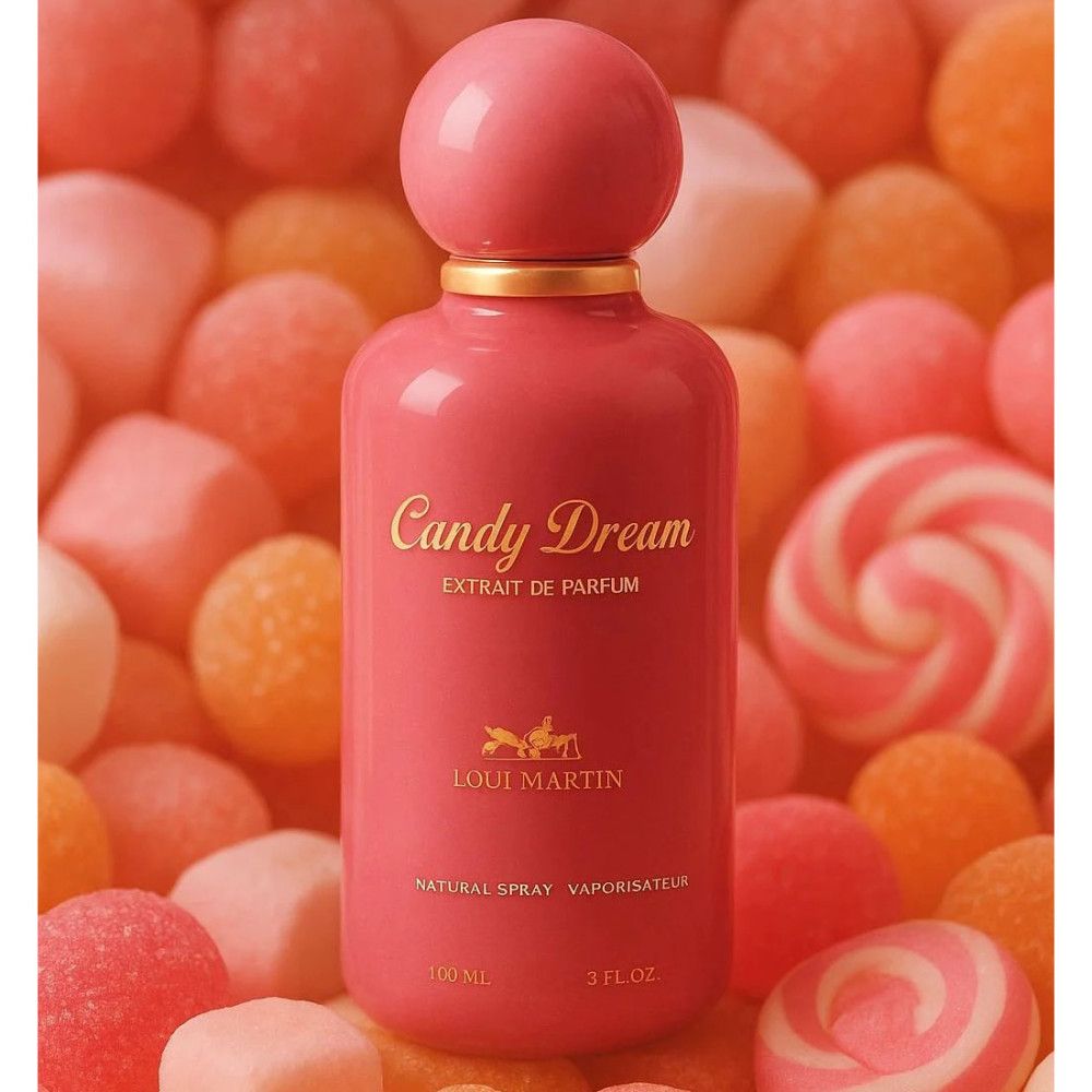 Roze fles met gouden dop en opschrift Candy Dream. Omringd door snoep.