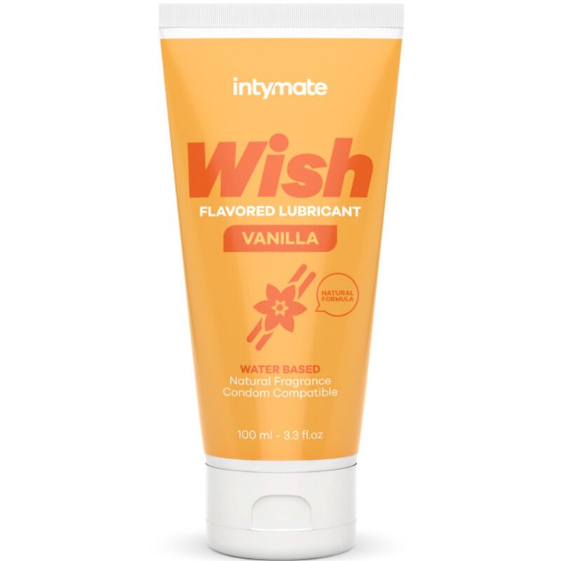 Tube met productnaam en smaak. Tekst: "Wish", "Vanilla", "Natural Formula", "Water Based". 