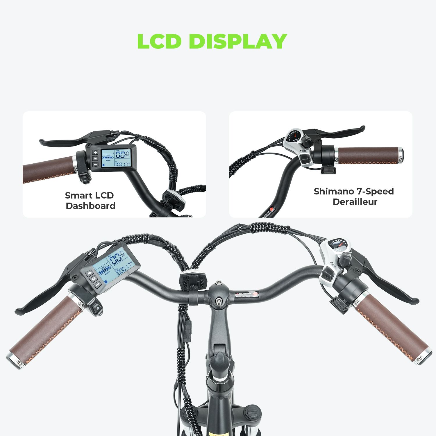 Fietsstuur met Smart LCD dashboard en Shimano 7-speed derailleur. Bruine handvatten. Zwart stuur.